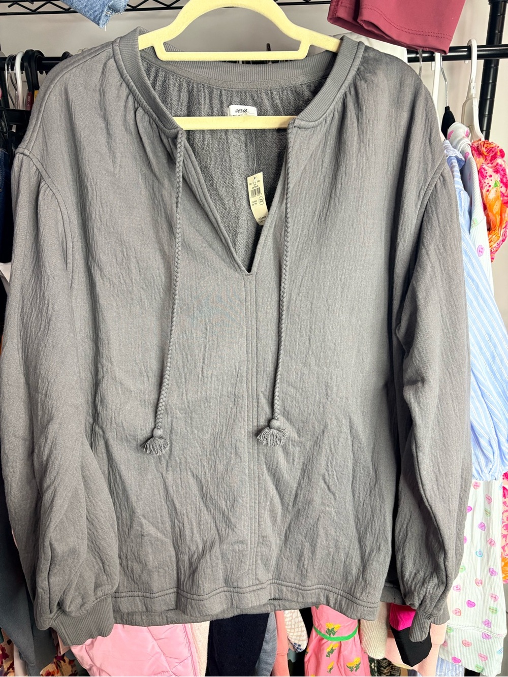 aerie Gray V-Neck Pullover Sweater with Drawstrings